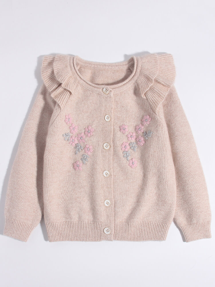Girls Ruffle Shoulder Floral Embroidered Beige Cashmere Cardigan